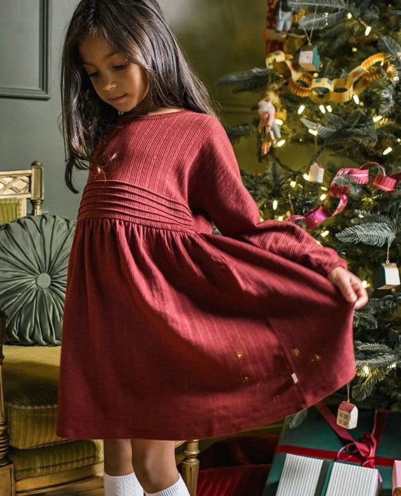 Toddler girl wearing a red dress beside a Christmas tree