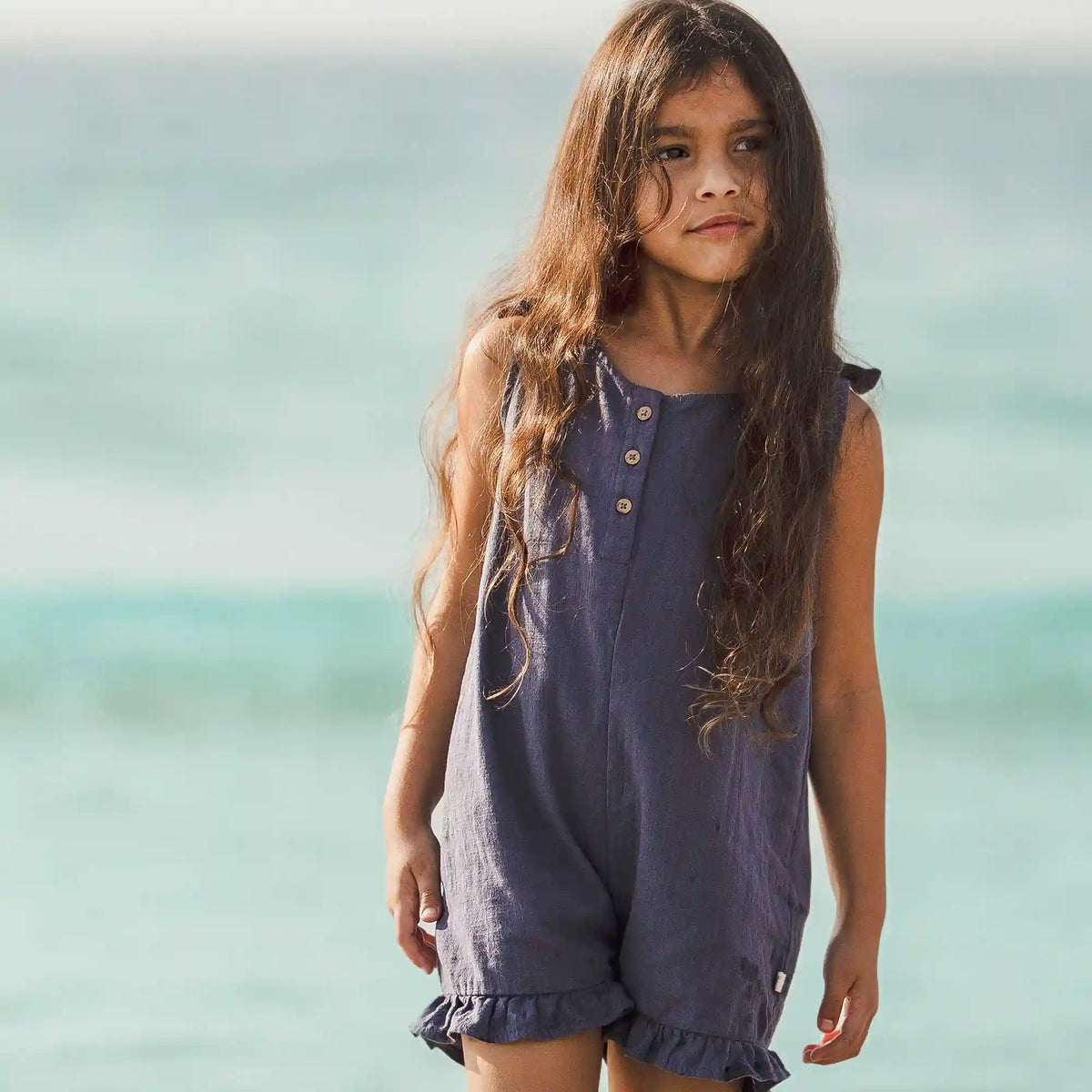 Check Gauze Blue Girl Romper - Blue Smoke